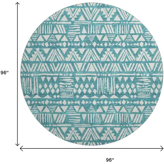 8' Teal And Ivory Southwestern Washable Round Rug With UV Protection Photo 3