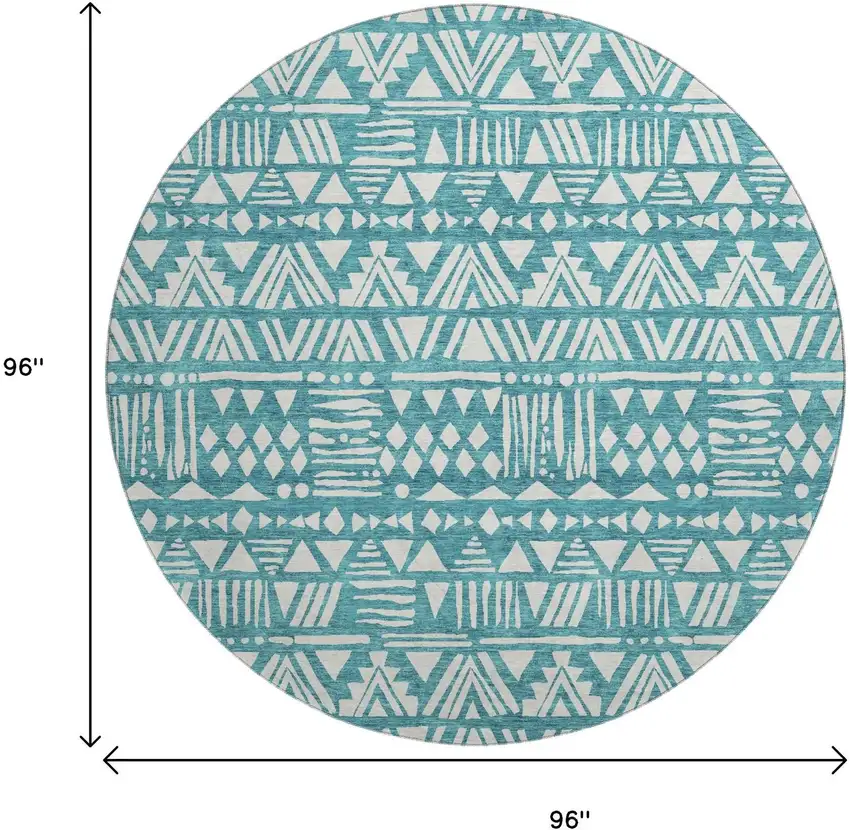8' Teal And Ivory Southwestern Washable Round Rug With UV Protection Photo 3