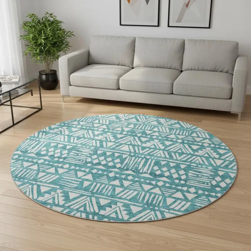 8' Teal And Ivory Southwestern Washable Round Rug With UV Protection Photo 2