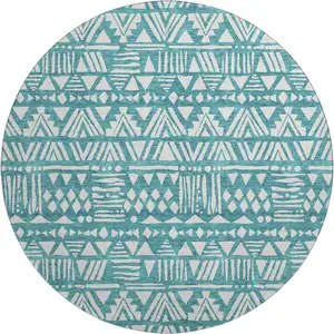 Photo of 8' Teal And Ivory Southwestern Washable Round Rug With UV Protection