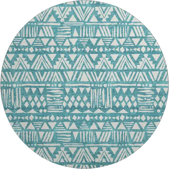 8' Teal And Ivory Southwestern Washable Round Rug With UV Protection Photo 1