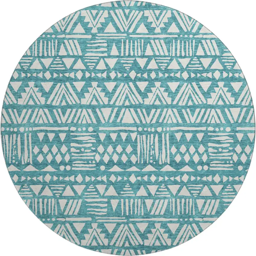 8' Teal And Ivory Southwestern Washable Round Rug With UV Protection Photo 1