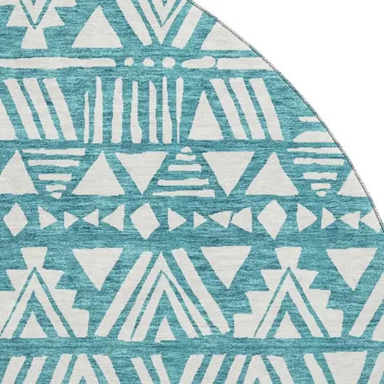 8' Teal And Ivory Southwestern Washable Round Rug With UV Protection Photo 3