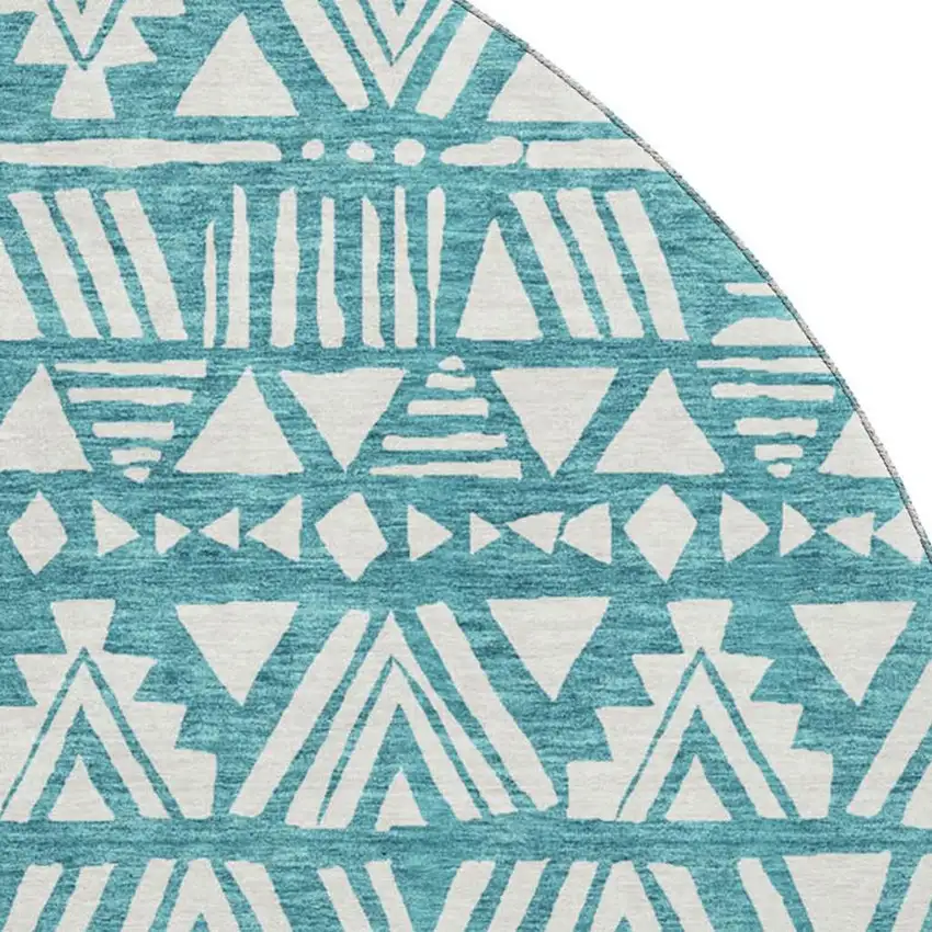8' Teal And Ivory Southwestern Washable Round Rug With UV Protection Photo 3