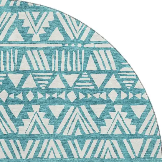 8' Teal And Ivory Southwestern Washable Round Rug With UV Protection Photo 4