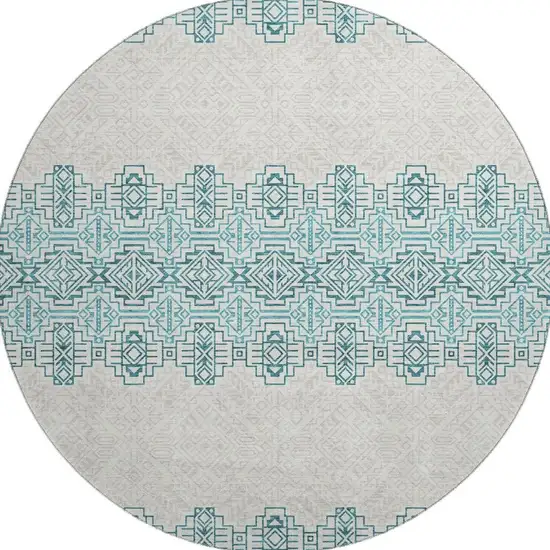 8' Teal And Ivory Southwestern Washable Round Rug With UV Protection Photo 3