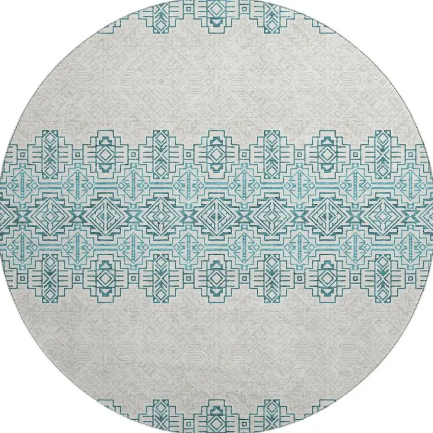 8' Teal And Ivory Southwestern Washable Round Rug With UV Protection Photo 3