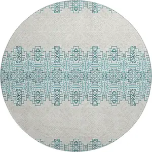 Photo of 8' Teal And Ivory Southwestern Washable Round Rug With UV Protection