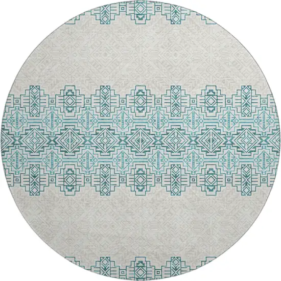 8' Teal And Ivory Southwestern Washable Round Rug With UV Protection Photo 1