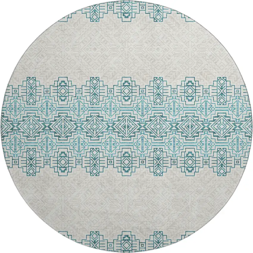 8' Teal And Ivory Southwestern Washable Round Rug With UV Protection Photo 1