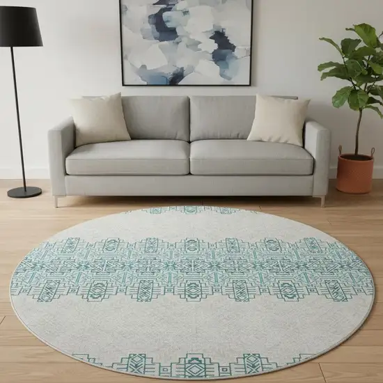 8' Teal And Ivory Southwestern Washable Round Rug With UV Protection Photo 2