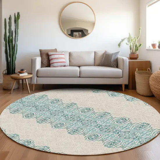 8' Teal And Ivory Southwestern Washable Round Rug With UV Protection Photo 4