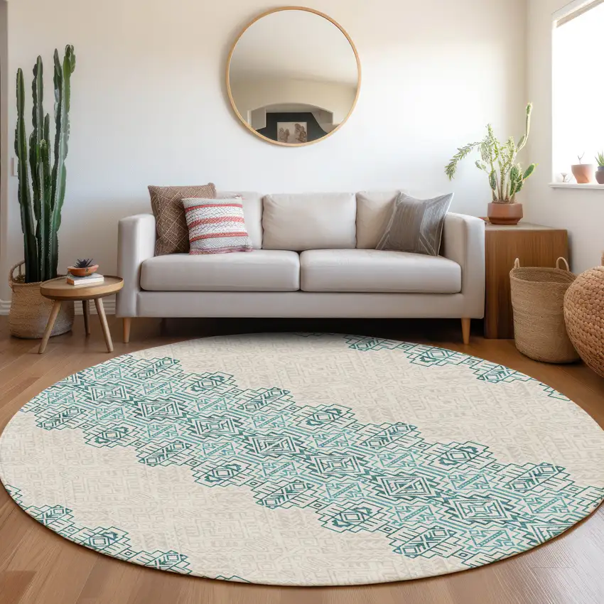 8' Teal And Ivory Southwestern Washable Round Rug With UV Protection Photo 4