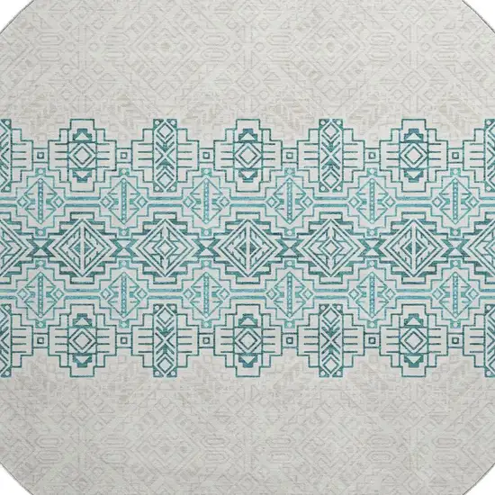 8' Teal And Ivory Southwestern Washable Round Rug With UV Protection Photo 2