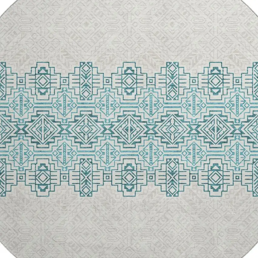 8' Teal And Ivory Southwestern Washable Round Rug With UV Protection Photo 2