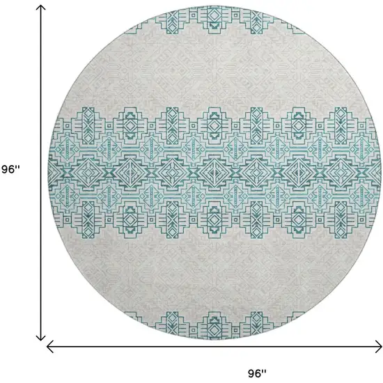8' Teal And Ivory Southwestern Washable Round Rug With UV Protection Photo 9