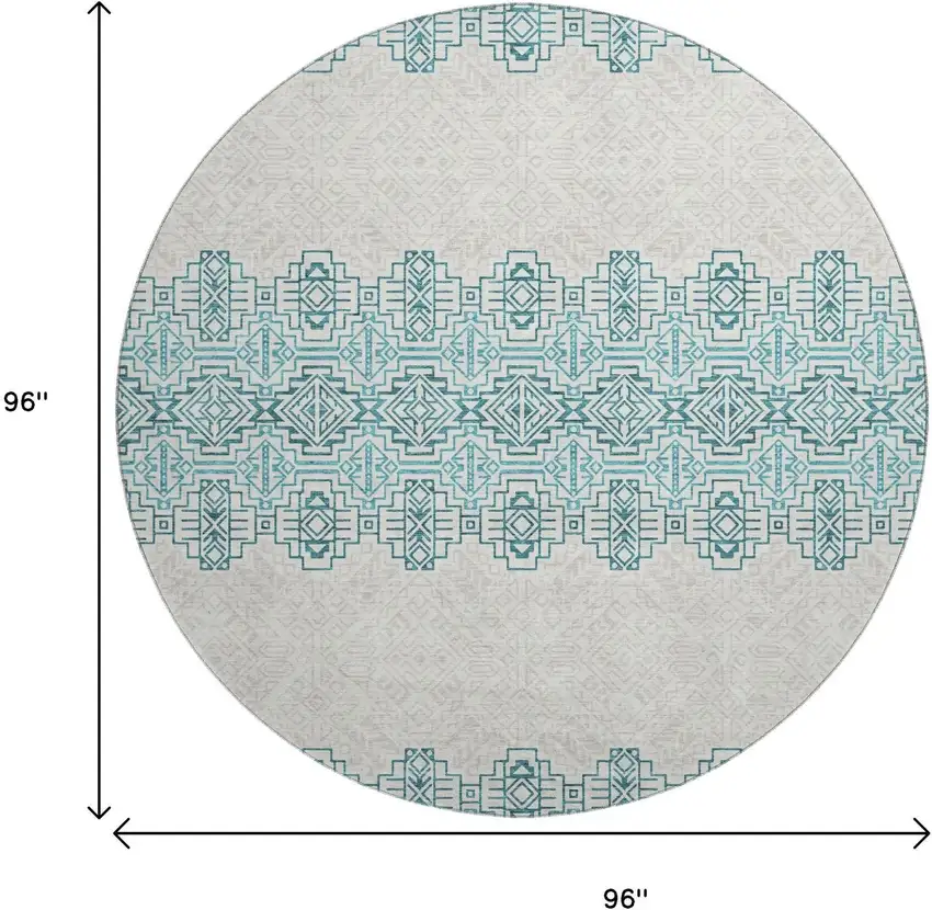 8' Teal And Ivory Southwestern Washable Round Rug With UV Protection Photo 9
