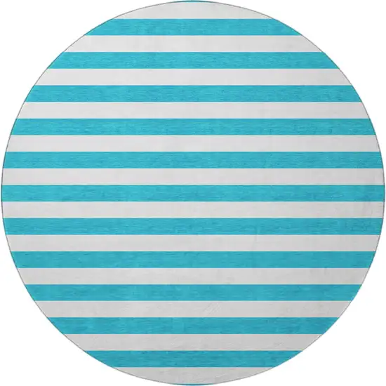 8' Teal And Ivory Striped Washable Round Rug With UV Protection Photo 4