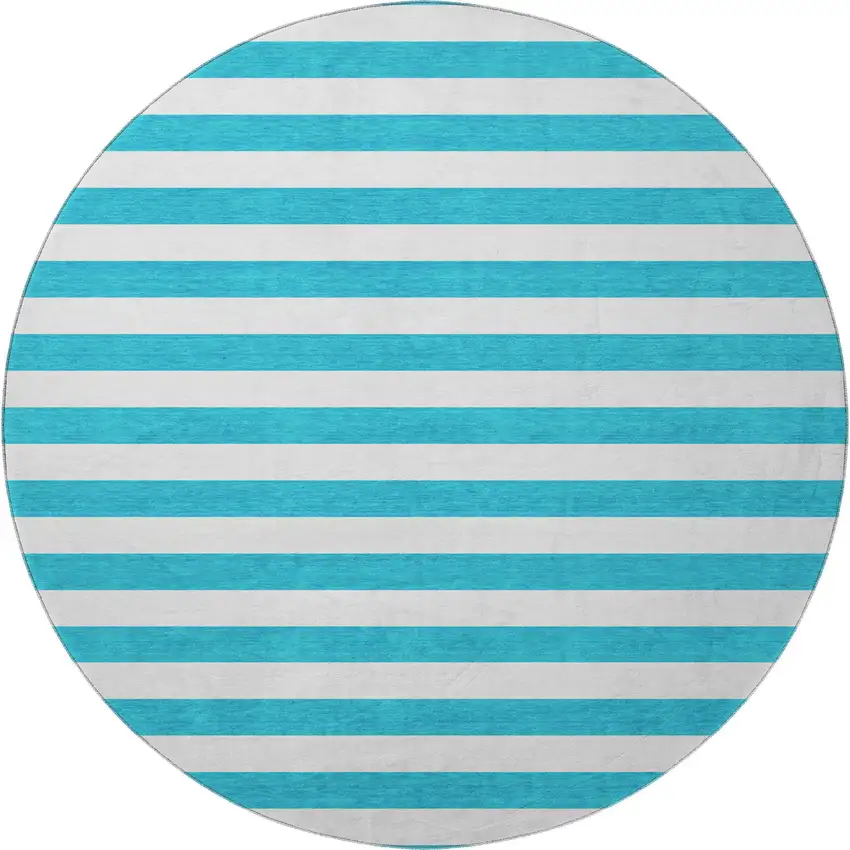 8' Teal And Ivory Striped Washable Round Rug With UV Protection Photo 4