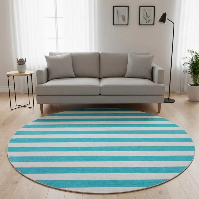 8' Teal And Ivory Striped Washable Round Rug With UV Protection Photo 2