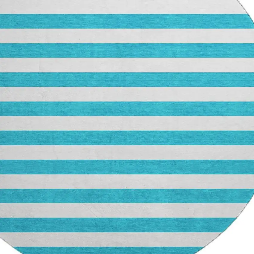 8' Teal And Ivory Striped Washable Round Rug With UV Protection Photo 3