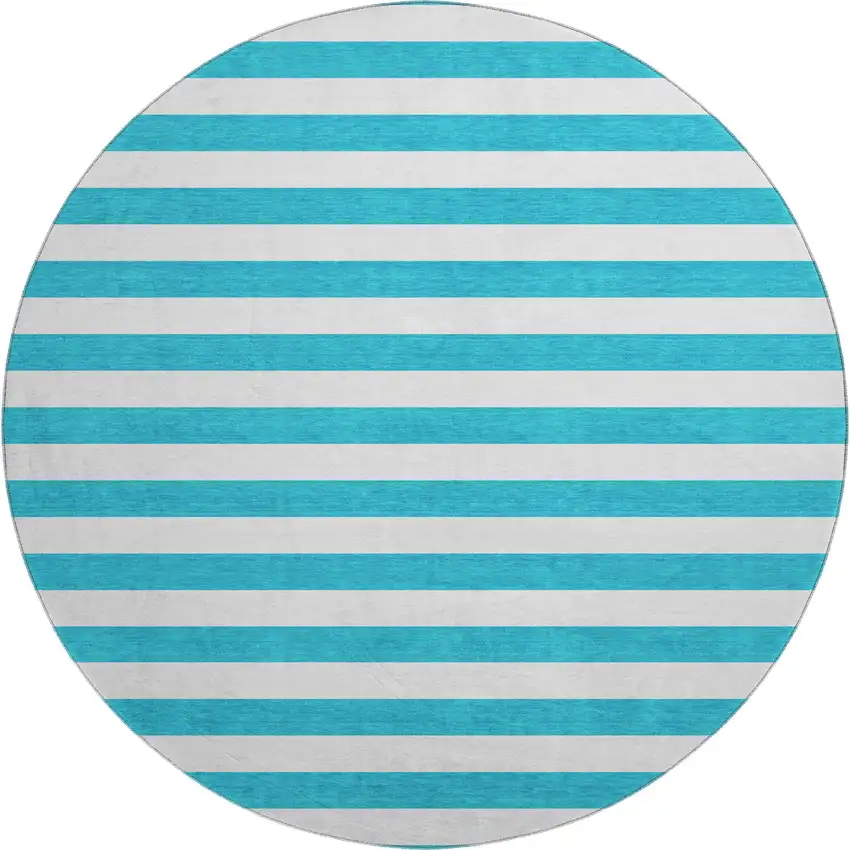 8' Teal And Ivory Striped Washable Round Rug With UV Protection Photo 1