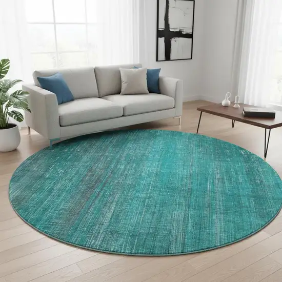 8' Teal And Ivory Striped Washable Round Rug With UV Protection Photo 2