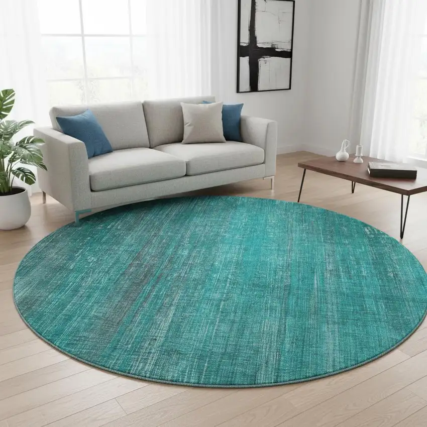 8' Teal And Ivory Striped Washable Round Rug With UV Protection Photo 2