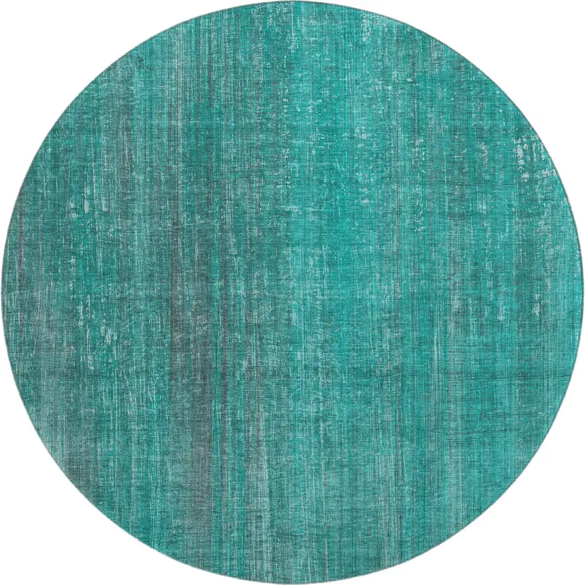 8' Teal And Ivory Striped Washable Round Rug With UV Protection Photo 1