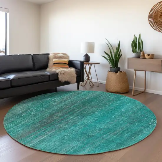 8' Teal And Ivory Striped Washable Round Rug With UV Protection Photo 5