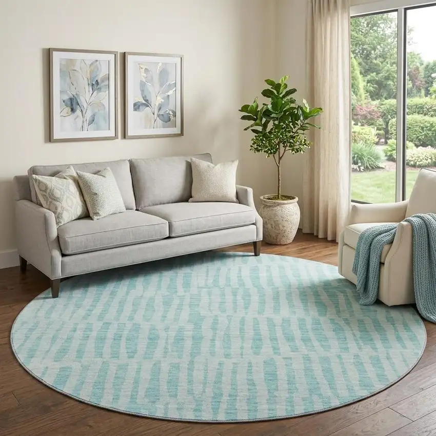 8' Teal And Ivory Striped Washable Round Rug With UV Protection Photo 1