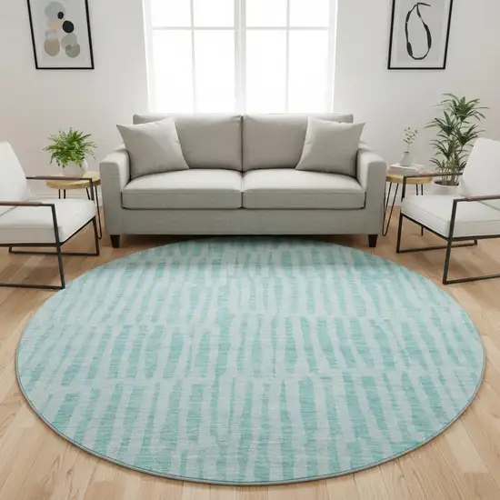 8' Teal And Ivory Striped Washable Round Rug With UV Protection Photo 2