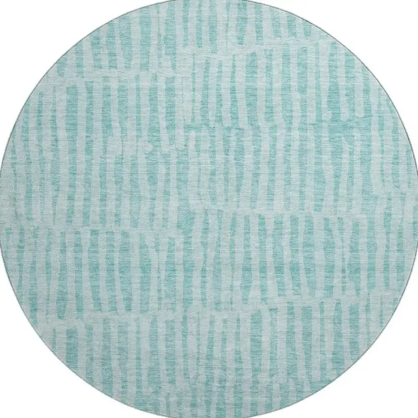 8' Teal And Ivory Striped Washable Round Rug With UV Protection Photo 4