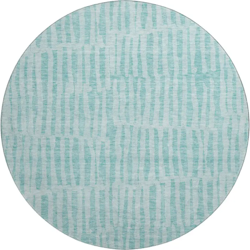 8' Teal And Ivory Striped Washable Round Rug With UV Protection Photo 1