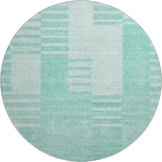 8' Teal And Ivory Striped Washable Round Rug With UV Protection Photo 6