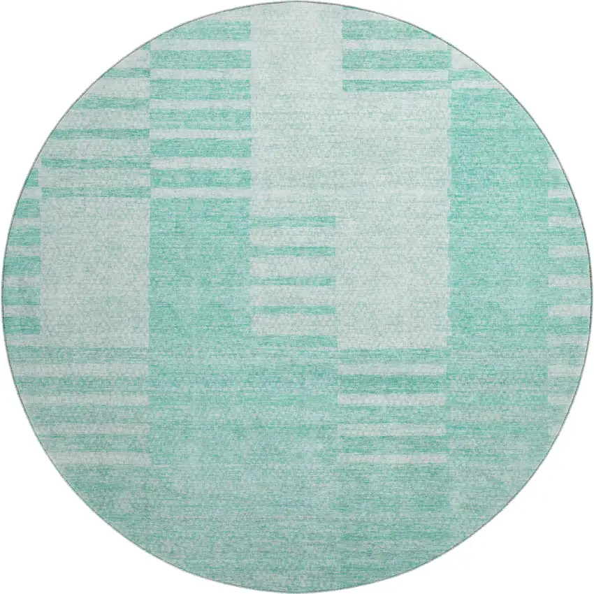 8' Teal And Ivory Striped Washable Round Rug With UV Protection Photo 6