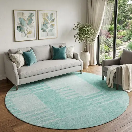 8' Teal And Ivory Striped Washable Round Rug With UV Protection Photo 1