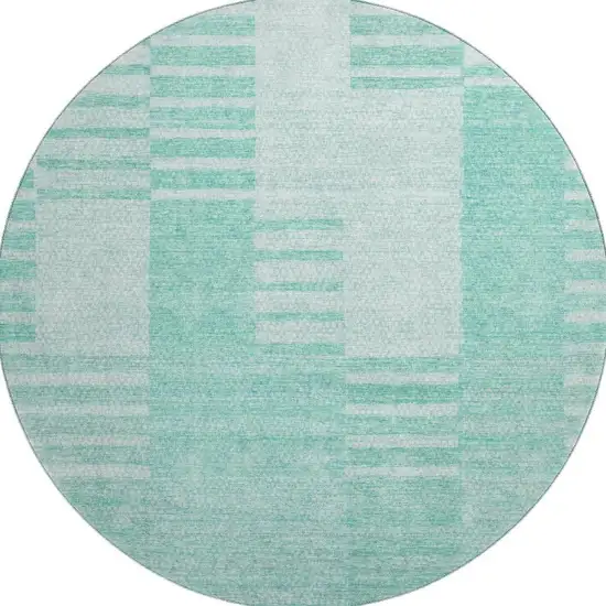 8' Teal And Ivory Striped Washable Round Rug With UV Protection Photo 1