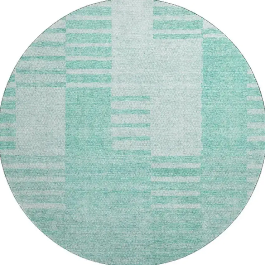 8' Teal And Ivory Striped Washable Round Rug With UV Protection Photo 1