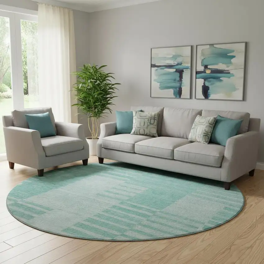 8' Teal And Ivory Striped Washable Round Rug With UV Protection Photo 1