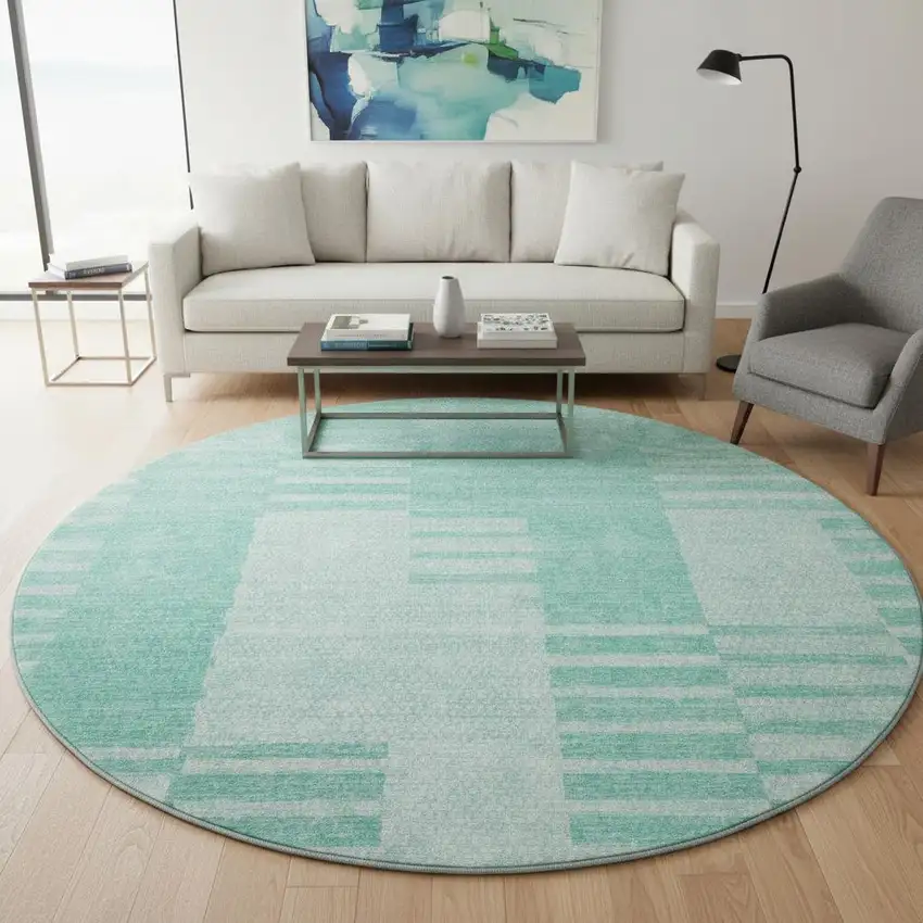 8' Teal And Ivory Striped Washable Round Rug With UV Protection Photo 2