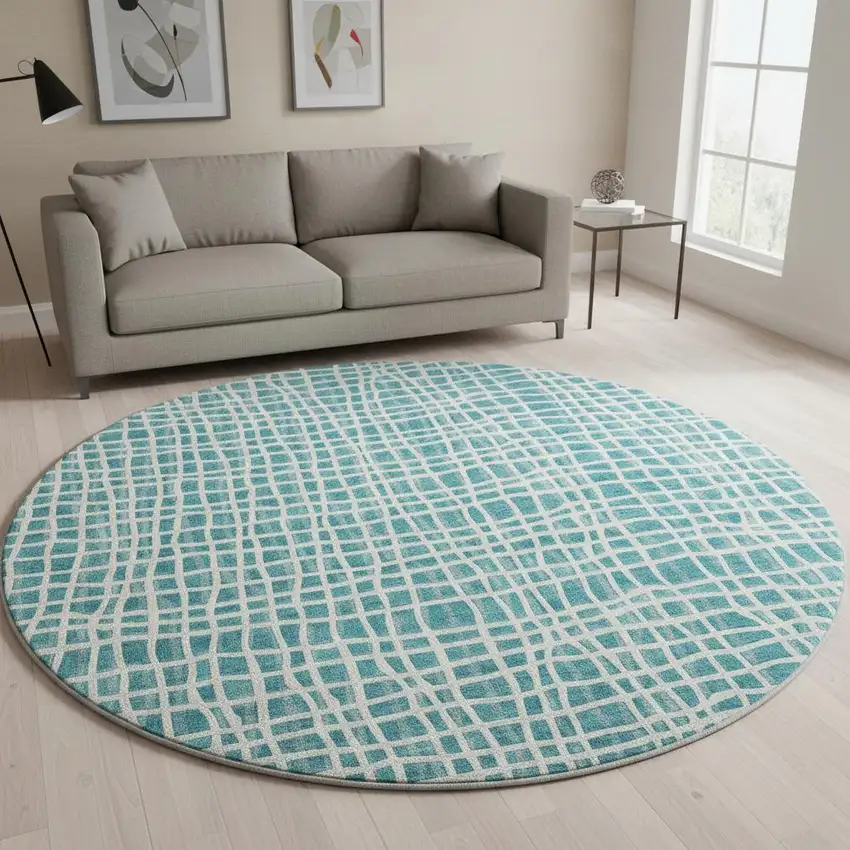 8' Teal And Ivory Striped Washable Round Rug With UV Protection Photo 2
