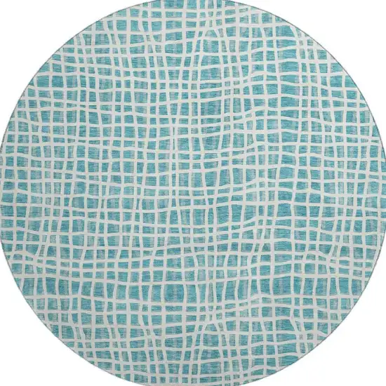 8' Teal And Ivory Striped Washable Round Rug With UV Protection Photo 4