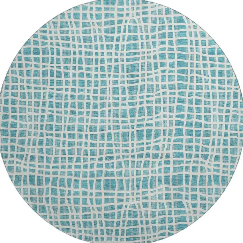 8' Teal And Ivory Striped Washable Round Rug With UV Protection Photo 4