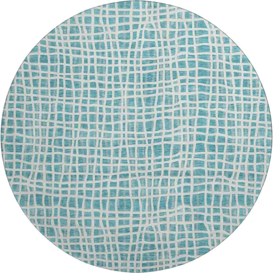 8' Teal And Ivory Striped Washable Round Rug With UV Protection Photo 1