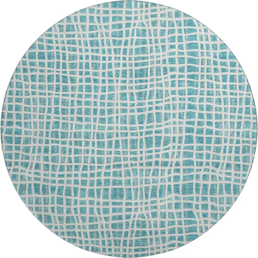 8' Teal And Ivory Striped Washable Round Rug With UV Protection Photo 1