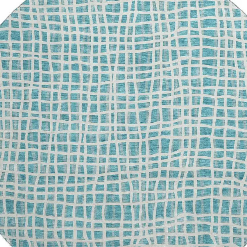 8' Teal And Ivory Striped Washable Round Rug With UV Protection Photo 3