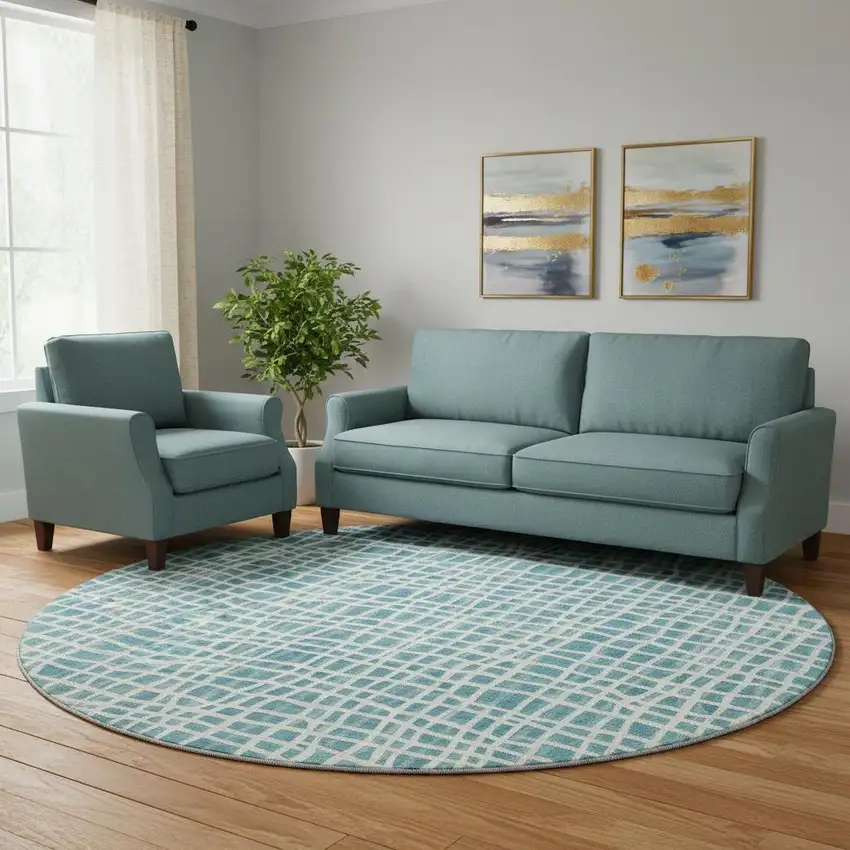 8' Teal And Ivory Striped Washable Round Rug With UV Protection Photo 1