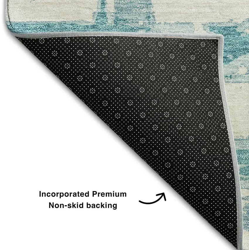 8' Teal And Ivory Striped Washable Round Rug With UV Protection Photo 6