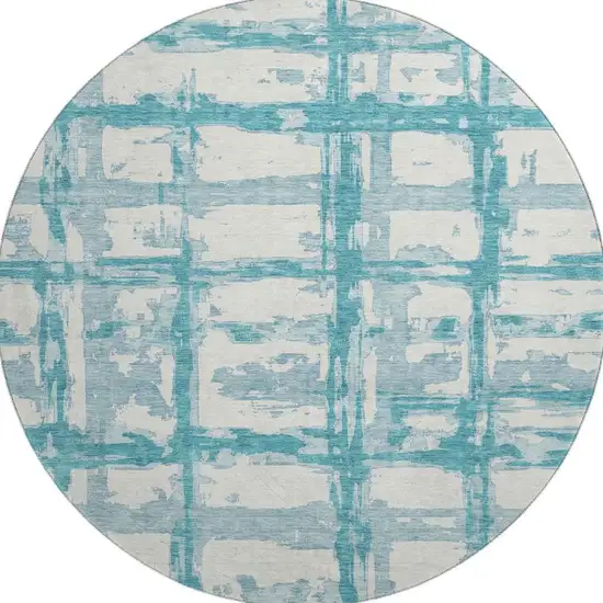 8' Teal And Ivory Striped Washable Round Rug With UV Protection Photo 4
